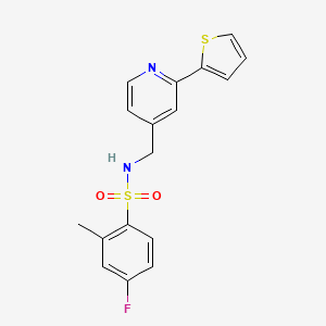 molecular formula C17H15FN2O2S2 B2405258 4-fluoro-2-methyl-N-((2-(thiophen-2-yl)pyridin-4-yl)methyl)benzenesulfonamide CAS No. 2034271-77-5