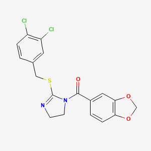 molecular formula C18H14Cl2N2O3S B2405264 1,3-Benzodioxol-5-yl-[2-[(3,4-dichlorophenyl)methylsulfanyl]-4,5-dihydroimidazol-1-yl]methanone CAS No. 892459-39-1