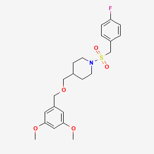 molecular formula C22H28FNO5S B2405300 4-(((3,5-Dimethoxybenzyl)oxy)methyl)-1-((4-fluorobenzyl)sulfonyl)piperidine CAS No. 1396767-98-8
