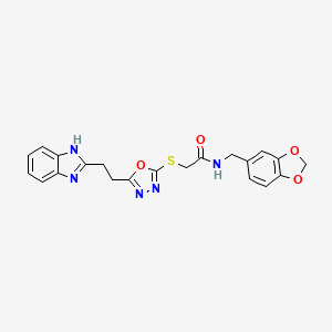 molecular formula C21H19N5O4S B2405507 2-((5-(2-(1H-benzo[d]imidazol-2-yl)ethyl)-1,3,4-oxadiazol-2-yl)thio)-N-(benzo[d][1,3]dioxol-5-ylmethyl)acetamide CAS No. 1226434-19-0