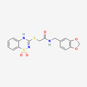 molecular formula C17H15N3O5S2 B2405629 N-(benzo[d][1,3]dioxol-5-ylmethyl)-2-((1,1-dioxido-4H-benzo[e][1,2,4]thiadiazin-3-yl)thio)acetamide CAS No. 899966-14-4
