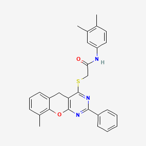 molecular formula C28H25N3O2S B2405693 N-(3,4-DIMETHYLPHENYL)-2-({9-METHYL-2-PHENYL-5H-CHROMENO[2,3-D]PYRIMIDIN-4-YL}SULFANYL)ACETAMIDE CAS No. 866871-06-9