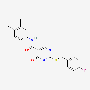 molecular formula C21H20FN3O2S B2405700 N-(3,4-dimethylphenyl)-2-{[(4-fluorophenyl)methyl]sulfanyl}-1-methyl-6-oxo-1,6-dihydropyrimidine-5-carboxamide CAS No. 891111-32-3