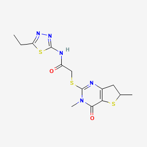 molecular formula C14H17N5O2S3 B2405829 2-[(3,6-dimethyl-4-oxo-6,7-dihydrothieno[3,2-d]pyrimidin-2-yl)sulfanyl]-N-(5-ethyl-1,3,4-thiadiazol-2-yl)acetamide CAS No. 688353-21-1