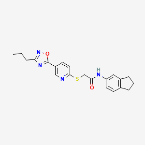 molecular formula C21H22N4O2S B2405945 N-(2,3-dihydro-1H-inden-5-yl)-2-((5-(3-propyl-1,2,4-oxadiazol-5-yl)pyridin-2-yl)thio)acetamide CAS No. 1251704-24-1