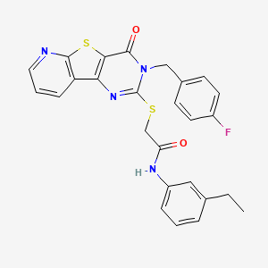 molecular formula C26H21FN4O2S2 B2406022 N-(3-ethylphenyl)-2-[[5-[(4-fluorophenyl)methyl]-6-oxo-8-thia-3,5,10-triazatricyclo[7.4.0.02,7]trideca-1(9),2(7),3,10,12-pentaen-4-yl]sulfanyl]acetamide CAS No. 1223770-42-0