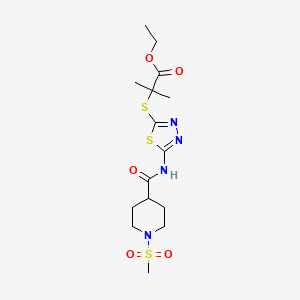 molecular formula C15H24N4O5S3 B2406408 Ethyl 2-methyl-2-((5-(1-(methylsulfonyl)piperidine-4-carboxamido)-1,3,4-thiadiazol-2-yl)thio)propanoate CAS No. 1226449-43-9