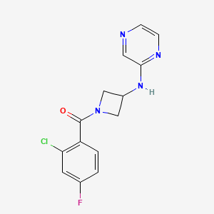 molecular formula C14H12ClFN4O B2406495 (2-Chloro-4-fluorophenyl)(3-(pyrazin-2-ylamino)azetidin-1-yl)methanone CAS No. 2194847-99-7