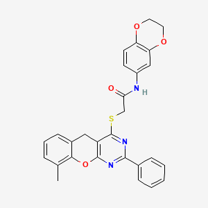 molecular formula C28H23N3O4S B2406513 N-(2,3-dihydro-1,4-benzodioxin-6-yl)-2-({9-methyl-2-phenyl-5H-chromeno[2,3-d]pyrimidin-4-yl}sulfanyl)acetamide CAS No. 872206-67-2