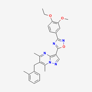 molecular formula C27H27N5O3 B2406699 3-[3-(4-Ethoxy-3-methoxyphenyl)-1,2,4-oxadiazol-5-yl]-5,7-dimethyl-6-(2-methylbenzyl)pyrazolo[1,5-a]pyrimidine CAS No. 1030090-34-6