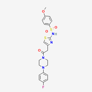 molecular formula C22H23FN4O4S2 B2406888 N-(4-(2-(4-(4-fluorophenyl)piperazin-1-yl)-2-oxoethyl)thiazol-2-yl)-4-methoxybenzenesulfonamide CAS No. 922128-76-5