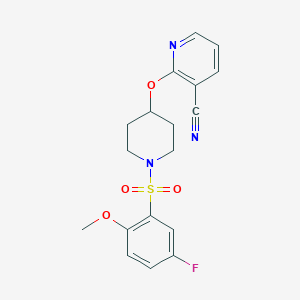 molecular formula C18H18FN3O4S B2406945 2-((1-((5-Fluoro-2-methoxyphenyl)sulfonyl)piperidin-4-yl)oxy)nicotinonitrile CAS No. 1797221-26-1
