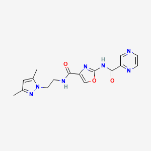 molecular formula C16H17N7O3 B2407099 N-(2-(3,5-dimethyl-1H-pyrazol-1-yl)ethyl)-2-(pyrazine-2-carboxamido)oxazole-4-carboxamide CAS No. 1396886-26-2