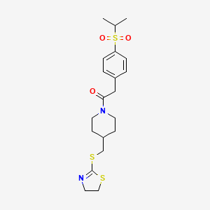 molecular formula C20H28N2O3S3 B2407162 1-(4-(((4,5-Dihydrothiazol-2-yl)thio)methyl)piperidin-1-yl)-2-(4-(isopropylsulfonyl)phenyl)ethanone CAS No. 1396811-44-1