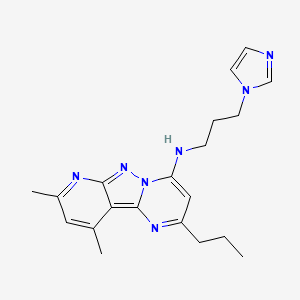 molecular formula C20H25N7 B2407166 N-[3-(1H-imidazol-1-yl)propyl]-11,13-dimethyl-4-propyl-3,7,8,10-tetraazatricyclo[7.4.0.0^{2,7}]trideca-1,3,5,8,10,12-hexaen-6-amine CAS No. 902047-58-9