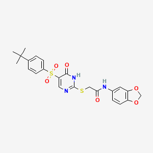 molecular formula C23H23N3O6S2 B2407714 N-(2H-1,3-benzodioxol-5-yl)-2-{[5-(4-tert-butylbenzenesulfonyl)-6-oxo-1,6-dihydropyrimidin-2-yl]sulfanyl}acetamide CAS No. 893789-83-8