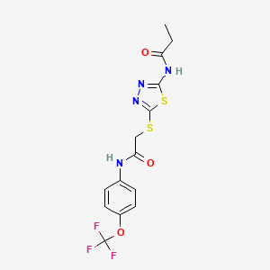molecular formula C14H13F3N4O3S2 B2408044 N-(5-((2-oxo-2-((4-(trifluoromethoxy)phenyl)amino)ethyl)thio)-1,3,4-thiadiazol-2-yl)propionamide CAS No. 868974-40-7