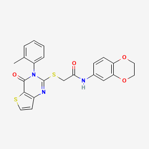molecular formula C23H19N3O4S2 B2408595 N-(2,3-dihydro-1,4-benzodioxin-6-yl)-2-{[3-(2-methylphenyl)-4-oxo-3,4-dihydrothieno[3,2-d]pyrimidin-2-yl]sulfanyl}acetamide CAS No. 1291841-20-7