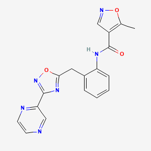 molecular formula C18H14N6O3 B2408644 5-methyl-N-(2-((3-(pyrazin-2-yl)-1,2,4-oxadiazol-5-yl)methyl)phenyl)isoxazole-4-carboxamide CAS No. 2034378-30-6