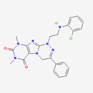 molecular formula C23H22ClN7O2 B2408669 1-(2-((2-chlorophenyl)amino)ethyl)-7,9-dimethyl-3-phenyl-7,9-dihydro-[1,2,4]triazino[3,4-f]purine-6,8(1H,4H)-dione CAS No. 923143-74-2