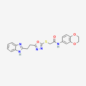 molecular formula C21H19N5O4S B2409004 2-((5-(2-(1H-benzo[d]imidazol-2-yl)ethyl)-1,3,4-oxadiazol-2-yl)thio)-N-(2,3-dihydrobenzo[b][1,4]dioxin-6-yl)acetamide CAS No. 1226443-86-2