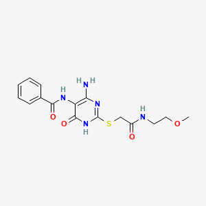 molecular formula C16H19N5O4S B2409018 N-(4-amino-2-((2-((2-methoxyethyl)amino)-2-oxoethyl)thio)-6-oxo-1,6-dihydropyrimidin-5-yl)benzamide CAS No. 872596-66-2