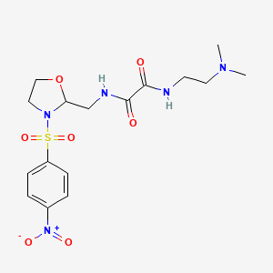 molecular formula C16H23N5O7S B2409255 N1-(2-(dimethylamino)ethyl)-N2-((3-((4-nitrophenyl)sulfonyl)oxazolidin-2-yl)methyl)oxalamide CAS No. 868981-91-3