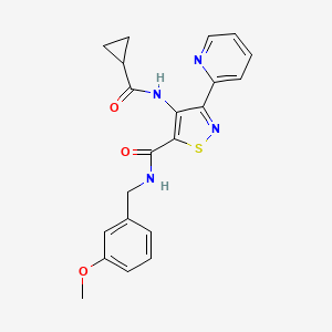 molecular formula C21H20N4O3S B2409319 4-[(cyclopropylcarbonyl)amino]-N-(3-methoxybenzyl)-3-pyridin-2-ylisothiazole-5-carboxamide CAS No. 1251695-40-5