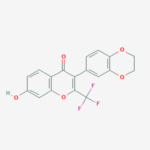 molecular formula C18H11F3O5 B2409320 3-(2,3-dihydro-1,4-benzodioxin-6-yl)-7-hydroxy-2-(trifluoromethyl)-4H-chromen-4-one CAS No. 170511-53-2
