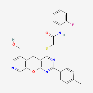 molecular formula C27H23FN4O3S B2409354 N-(2-fluorophenyl)-2-[[11-(hydroxymethyl)-14-methyl-5-(4-methylphenyl)-2-oxa-4,6,13-triazatricyclo[8.4.0.03,8]tetradeca-1(10),3(8),4,6,11,13-hexaen-7-yl]sulfanyl]acetamide CAS No. 892384-85-9