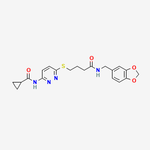 molecular formula C20H22N4O4S B2409458 N-(6-((4-((benzo[d][1,3]dioxol-5-ylmethyl)amino)-4-oxobutyl)thio)pyridazin-3-yl)cyclopropanecarboxamide CAS No. 1021226-02-7