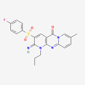 molecular formula C21H19FN4O3S B2409472 5-(4-fluorophenyl)sulfonyl-6-imino-13-methyl-7-propyl-1,7,9-triazatricyclo[8.4.0.03,8]tetradeca-3(8),4,9,11,13-pentaen-2-one CAS No. 845652-16-6