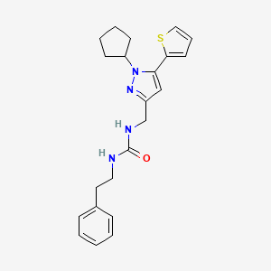 molecular formula C22H26N4OS B2409551 1-((1-cyclopentyl-5-(thiophen-2-yl)-1H-pyrazol-3-yl)methyl)-3-phenethylurea CAS No. 1421475-71-9