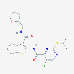 molecular formula C21H25ClN4O3S2 B240976 5-chloro-2-(propan-2-ylsulfanyl)-N-{3-[(tetrahydrofuran-2-ylmethyl)carbamoyl]-5,6-dihydro-4H-cyclopenta[b]thiophen-2-yl}pyrimidine-4-carboxamide 