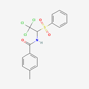 molecular formula C16H14Cl3NO3S B2409931 N-[1-(benzenesulfonyl)-2,2,2-trichloroethyl]-4-methylbenzamide CAS No. 300670-01-3