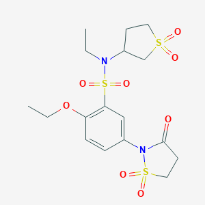 molecular formula C17H24N2O8S3 B241006 5-(1,1-dioxido-3-oxo-2-isothiazolidinyl)-N-(1,1-dioxidotetrahydro-3-thienyl)-2-ethoxy-N-ethylbenzenesulfonamide 
