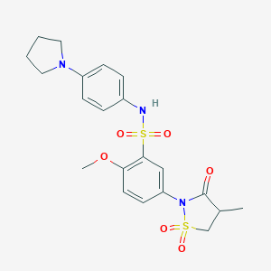 molecular formula C21H25N3O6S2 B241013 2-methoxy-5-(4-methyl-1,1-dioxido-3-oxo-1,2-thiazolidin-2-yl)-N-[4-(pyrrolidin-1-yl)phenyl]benzenesulfonamide 