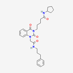 molecular formula C29H36N4O4 B2410197 N-cyclopentyl-5-(2,4-dioxo-1-(2-oxo-2-((3-phenylpropyl)amino)ethyl)-1,2-dihydroquinazolin-3(4H)-yl)pentanamide CAS No. 1223907-44-5