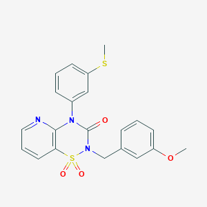 molecular formula C21H19N3O4S2 B2410399 2-(3-methoxybenzyl)-4-(3-(methylthio)phenyl)-2H-pyrido[2,3-e][1,2,4]thiadiazin-3(4H)-one 1,1-dioxide CAS No. 1251681-34-1