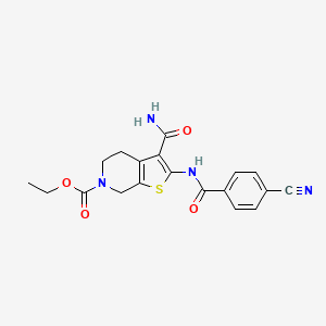 molecular formula C19H18N4O4S B2410587 ethyl 3-carbamoyl-2-(4-cyanobenzamido)-4,5-dihydrothieno[2,3-c]pyridine-6(7H)-carboxylate CAS No. 921135-78-6