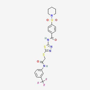molecular formula C23H22F3N5O4S3 B2410769 N-(5-((2-oxo-2-((3-(trifluoromethyl)phenyl)amino)ethyl)thio)-1,3,4-thiadiazol-2-yl)-4-(piperidin-1-ylsulfonyl)benzamide CAS No. 896027-92-2
