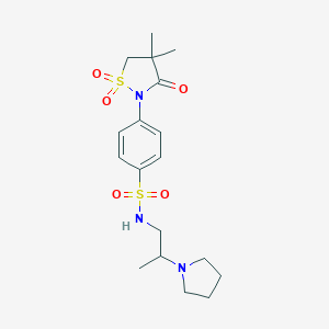 molecular formula C18H27N3O5S2 B241107 4-(4,4-dimethyl-1,1-dioxido-3-oxo-2-isothiazolidinyl)-N-[2-(1-pyrrolidinyl)propyl]benzenesulfonamide 