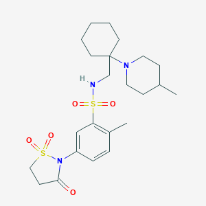 molecular formula C23H35N3O5S2 B241108 2-methyl-N-[[1-(4-methylpiperidin-1-yl)cyclohexyl]methyl]-5-(1,1,3-trioxo-1,2-thiazolidin-2-yl)benzenesulfonamide 