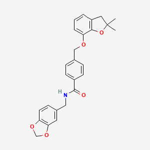 molecular formula C26H25NO5 B2411253 N-(benzo[d][1,3]dioxol-5-ylmethyl)-4-(((2,2-dimethyl-2,3-dihydrobenzofuran-7-yl)oxy)methyl)benzamide CAS No. 322681-08-3