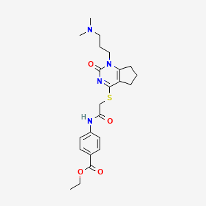 molecular formula C23H30N4O4S B2411283 ethyl 4-(2-((1-(3-(dimethylamino)propyl)-2-oxo-2,5,6,7-tetrahydro-1H-cyclopenta[d]pyrimidin-4-yl)thio)acetamido)benzoate CAS No. 898434-35-0