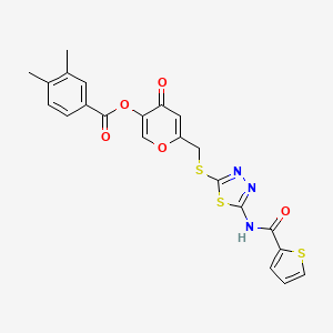 4-oxo-6-(((5-(thiophene-2-carboxamido)-1,3,4-thiadiazol-2-yl)thio)methyl)-4H-pyran-3-yl 3,4-dimethylbenzoate
