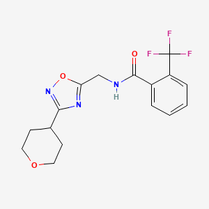molecular formula C16H16F3N3O3 B2411818 N-((3-(tetrahydro-2H-pyran-4-yl)-1,2,4-oxadiazol-5-yl)methyl)-2-(trifluoromethyl)benzamide CAS No. 2034420-62-5