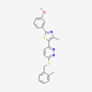 molecular formula C23H21N3OS2 B2411892 2-(3-Methoxyphenyl)-4-methyl-5-(6-((2-methylbenzyl)thio)pyridazin-3-yl)thiazole CAS No. 923172-09-2
