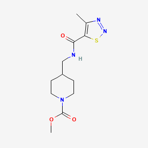 molecular formula C12H18N4O3S B2411920 Methyl 4-((4-methyl-1,2,3-thiadiazole-5-carboxamido)methyl)piperidine-1-carboxylate CAS No. 1235057-87-0