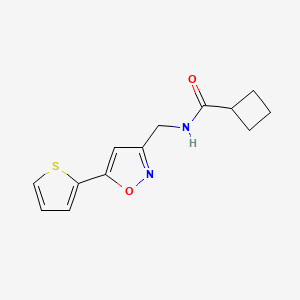 molecular formula C13H14N2O2S B2412017 N-((5-(thiophen-2-yl)isoxazol-3-yl)methyl)cyclobutanecarboxamide CAS No. 1208933-41-8